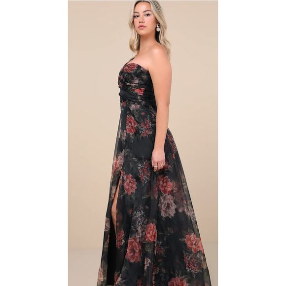 New Lulus Gown-Truly Extraordinary Black Floral Organza One-Shoulder Maxi Dress - Picture 4 of 8